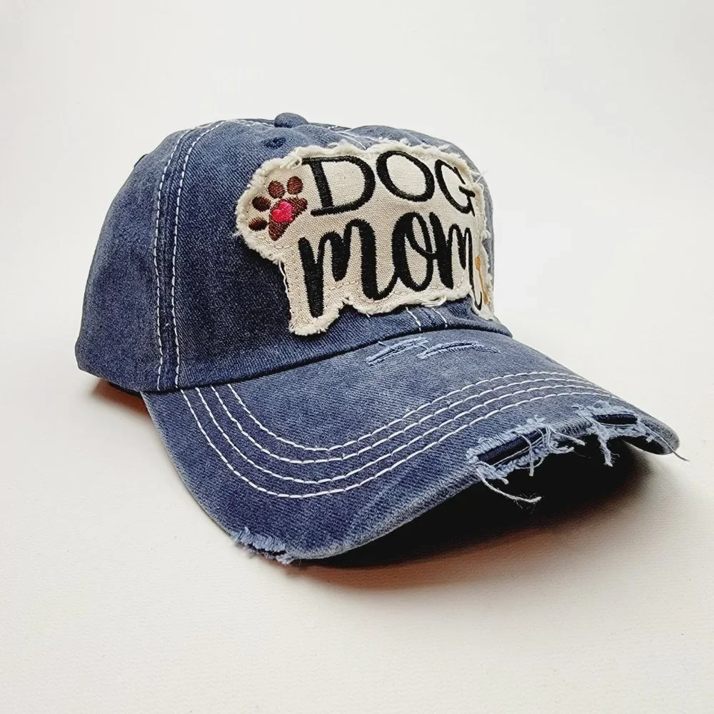 Dog Mom Distressed Relaxed Buckle Strap Full Cover Baseball Hat Cap Dark Blue